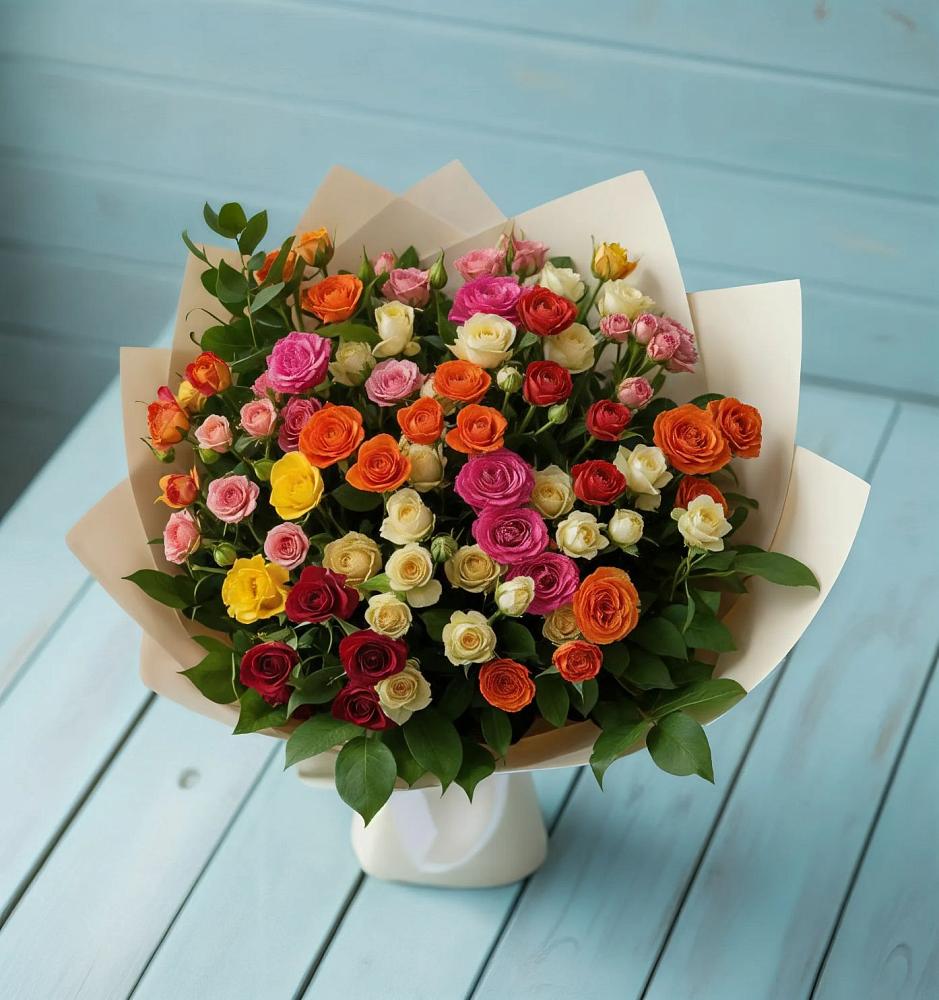 Букет Микс из разноцветных кустовых роз в Куеда
